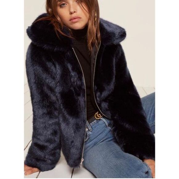 Reformation navy faux fur collared jacket size xs - Picture 1 of 11